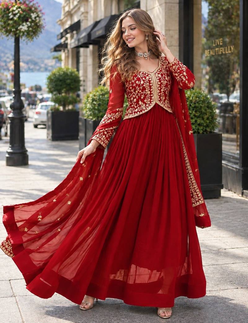 Red georgette readymade anarkali suit with zari & embroidery work