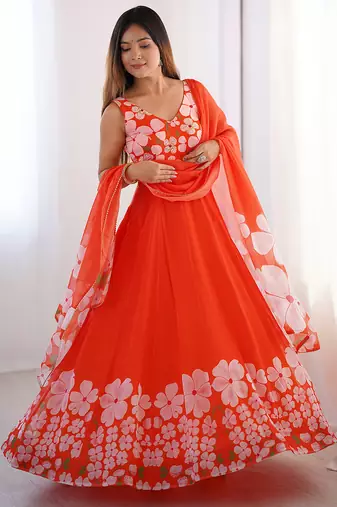 Elegant orange floral organza gown with handwork and matching dupatta