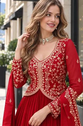 Red georgette readymade anarkali suit with zari & embroidery work