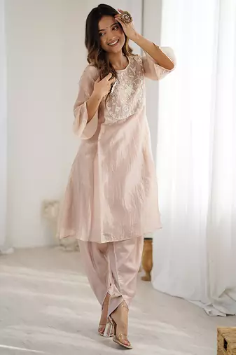 Elegant ivory organza kurta with hand-worked bead embroidery