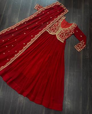 Red georgette readymade anarkali suit with zari & embroidery work 3