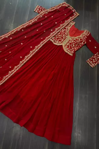 Red georgette readymade anarkali suit with zari & embroidery work