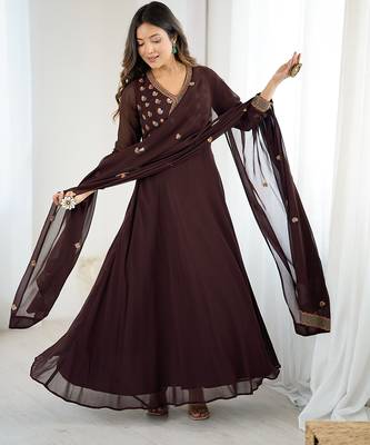 Elegant brown georgette embroidered gown with dupatta for festive and party wear 5