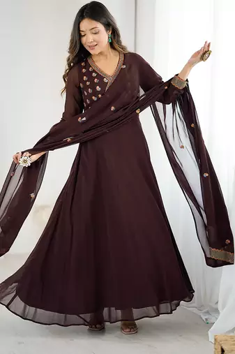 Elegant brown georgette embroidered gown with dupatta for festive and party wear