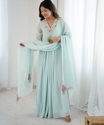 Floral embroidered aqua blue georgette pleated gown with dupatta for festive wear 5