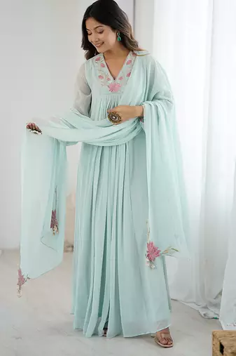 Floral embroidered aqua blue georgette pleated gown with dupatta for festive wear