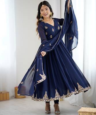 Navy blue georgette anarkali suit set with zari & sequins embroidery 5