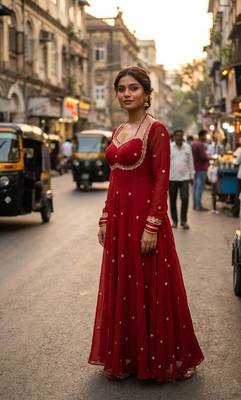 Red georgette zari embroidered sweetheart neck flared gown 5