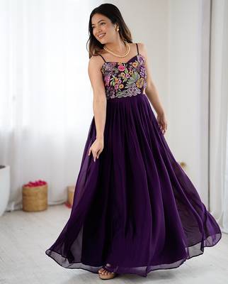 Wine floral embroidered georgette anarkali gown with flared pleated silhouette 5