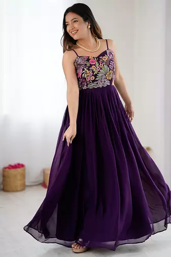 Wine floral embroidered georgette anarkali gown with flared pleated silhouette