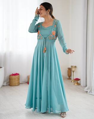 Blue embroidered georgette palazzo set with floral jacket and handwork details 2