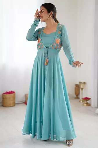 Blue embroidered georgette palazzo set with floral jacket and handwork details