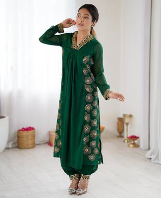 Dark green floral embroidered georgette kurta balloon pant set with elegant detailing 4