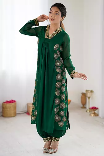 Dark green floral embroidered georgette kurta balloon pant set with elegant detailing