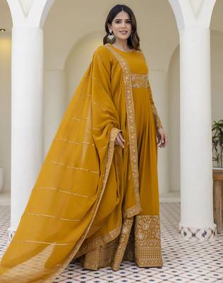 Mustard yellow embroidered anarkali gown with dupatta 5