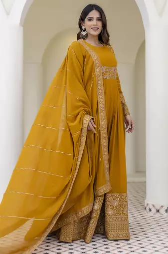 Mustard yellow embroidered anarkali gown with dupatta