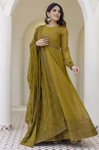 Olive green embroidered anarkali gown with soft net dupatta