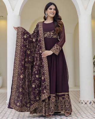 Brown embroidered anarkali gown with floral dupatta 5