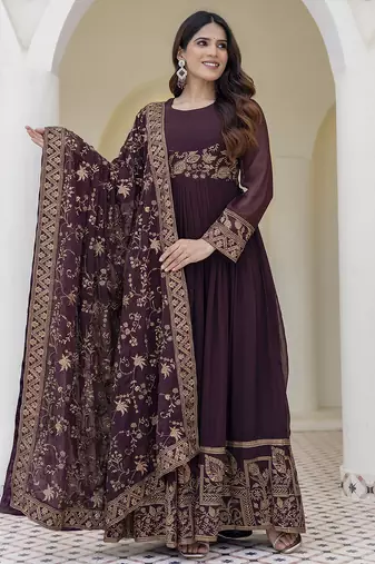 Brown embroidered anarkali gown with floral dupatta