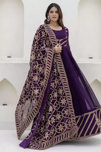 Royal purple embroidered anarkali gown with heavy dupatta
