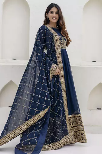 Navy blue embroidered anarkali gown with designer dupatta