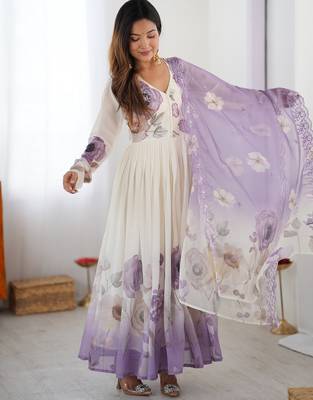 Ivory chiffon anarkali with lavender floral hand embroidery & dupatta 5