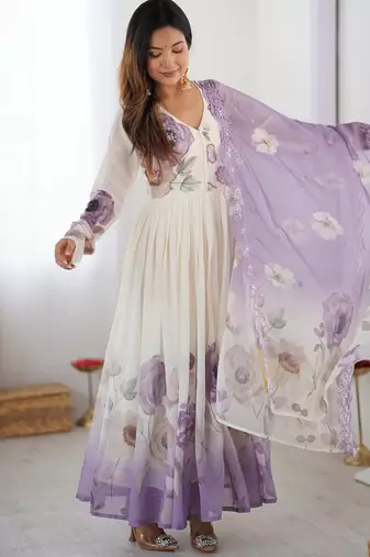 Ivory chiffon anarkali with lavender floral hand embroidery & dupatta