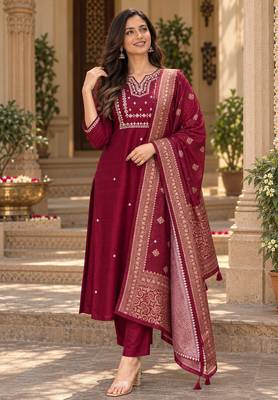 Women s wine premium rayon embroidered kurta pant set with dupatta | ethnic wear suit set 1