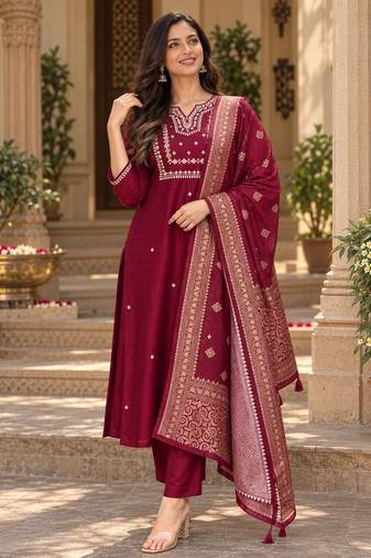 Women’s wine premium rayon embroidered kurta pant set with dupatta | ethnic wear suit set