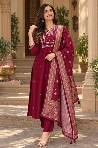Women’s wine premium rayon embroidered kurta pant set with dupatta | ethnic wear suit set