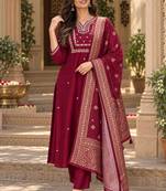 Women s wine premium rayon embroidered kurta pant set with dupatta | ethnic wear suit set