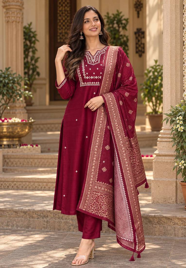Women s wine premium rayon embroidered kurta pant set with dupatta | ethnic wear suit set