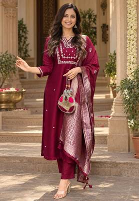 Women s wine premium rayon embroidered kurta pant set with dupatta | ethnic wear suit set 2