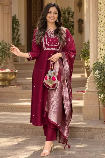 Women’s wine premium rayon embroidered kurta pant set with dupatta | ethnic wear suit set