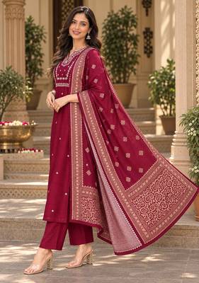 Women s wine premium rayon embroidered kurta pant set with dupatta | ethnic wear suit set 3