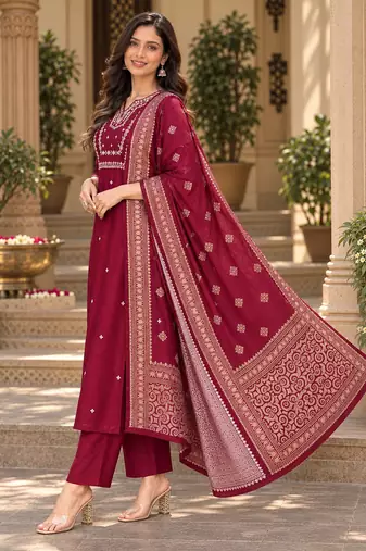 Women’s wine premium rayon embroidered kurta pant set with dupatta | ethnic wear suit set