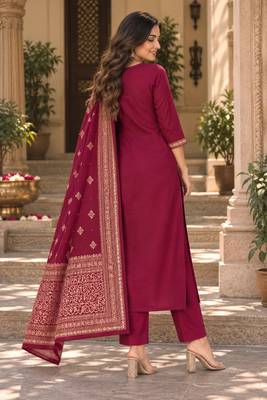 Women s wine premium rayon embroidered kurta pant set with dupatta | ethnic wear suit set 4