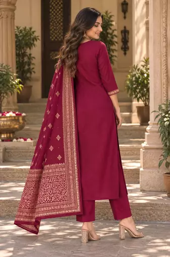 Women’s wine premium rayon embroidered kurta pant set with dupatta | ethnic wear suit set