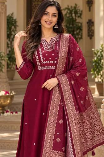 Women’s wine premium rayon embroidered kurta pant set with dupatta | ethnic wear suit set