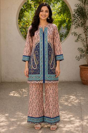 Peach rayon floral printed co-ord set for women