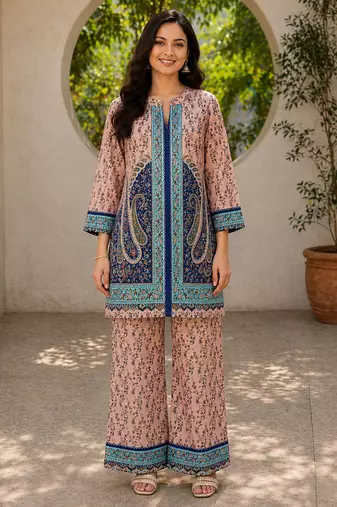 Peach rayon floral printed co-ord set for women