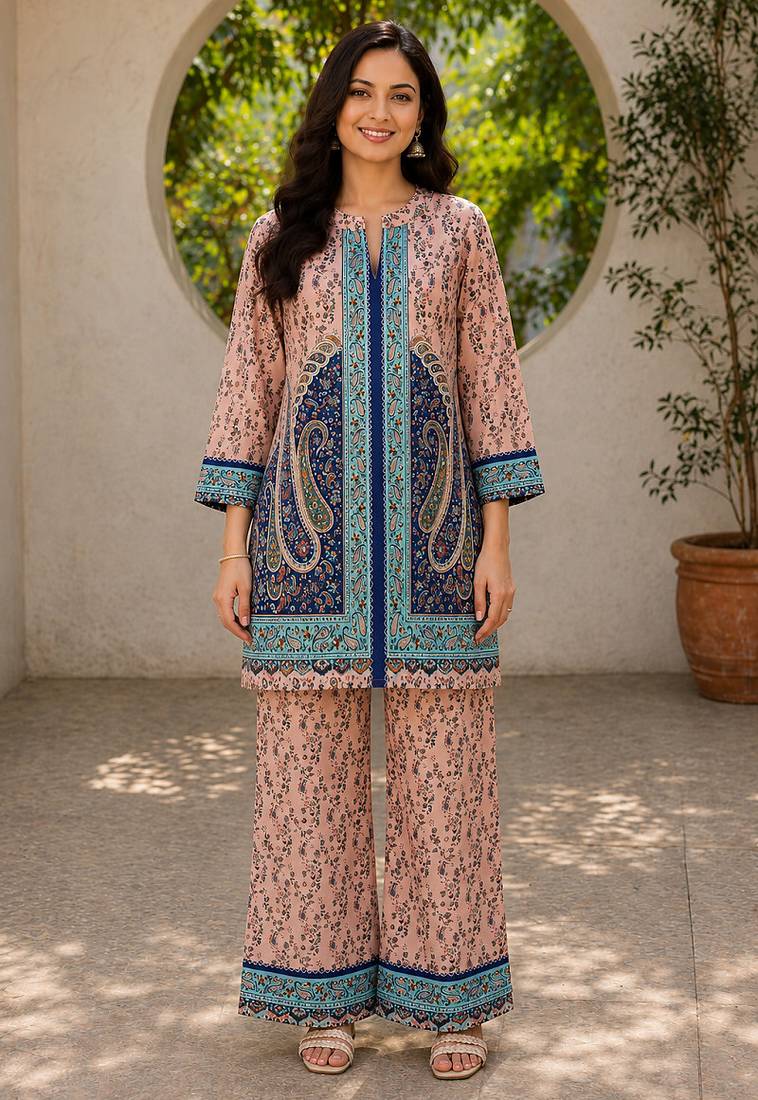 Peach rayon floral printed co-ord set for women