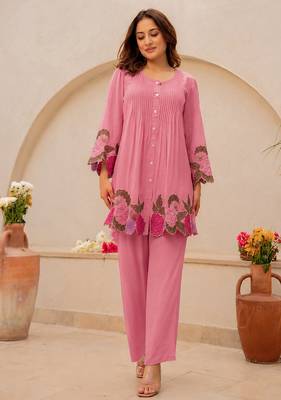 Pink cotton embroidered thread work co-ord set for women 1