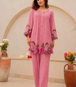 Pink cotton embroidered thread work co-ord set for women