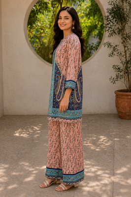 Peach rayon floral printed co-ord set for women 3