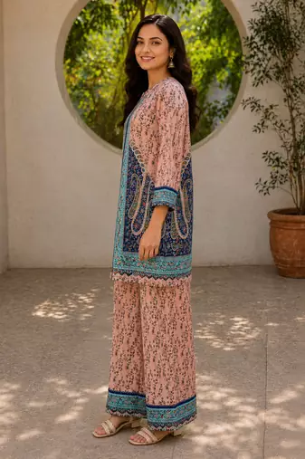 Peach rayon floral printed co-ord set for women