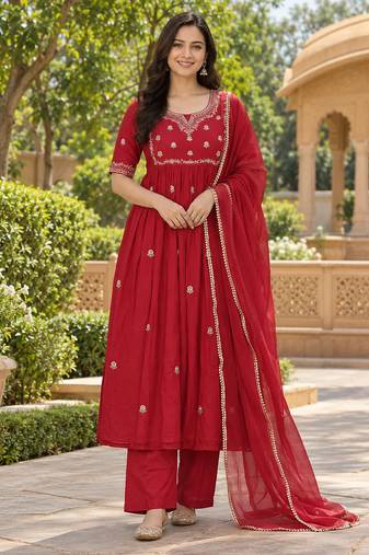 Red embroidered anarkali kurta set for women | premium rayon | ethnic wear with dupatta