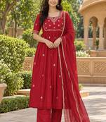 Red embroidered anarkali kurta set for women | premium rayon | ethnic wear with dupatta