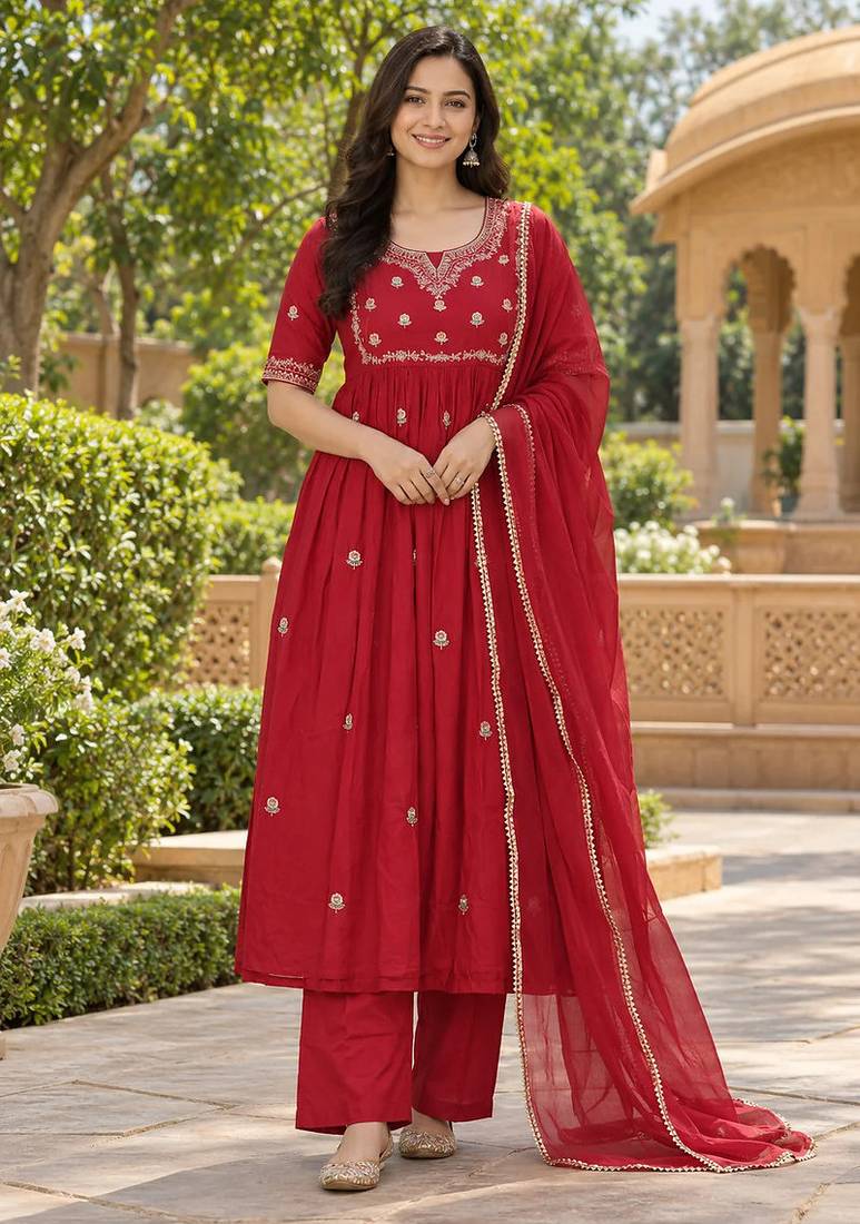 Red embroidered anarkali kurta set for women | premium rayon | ethnic wear with dupatta