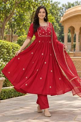 Red embroidered anarkali kurta set for women | premium rayon | ethnic wear with dupatta 2